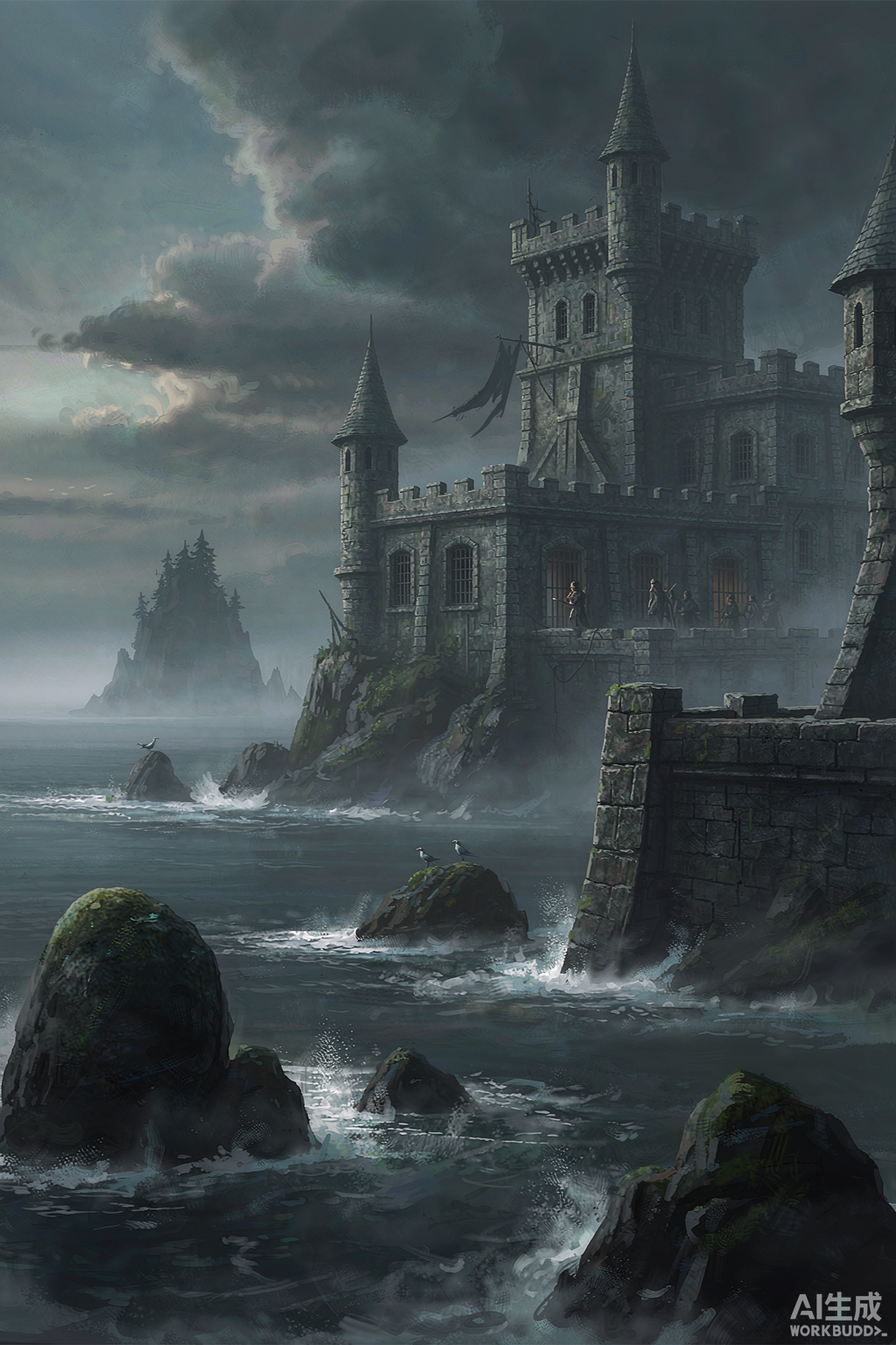 A fantasy prison island with stone fortress and misty ocean waves