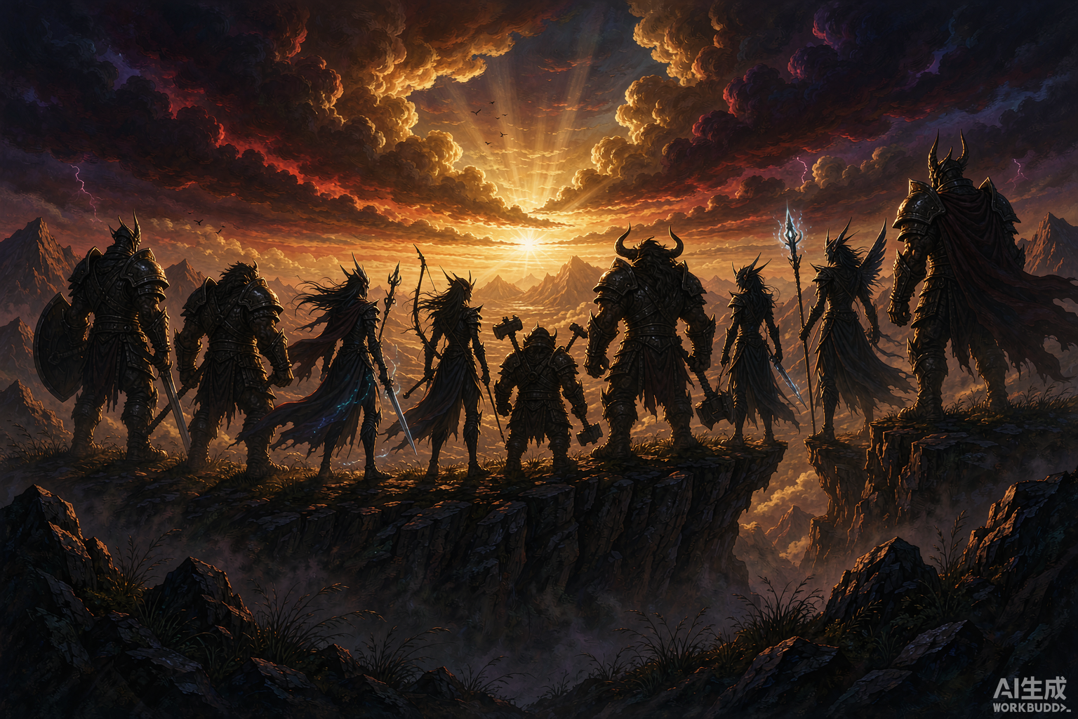 Nine distinct fantasy hero silhouettes on a mountain ridge at dawn