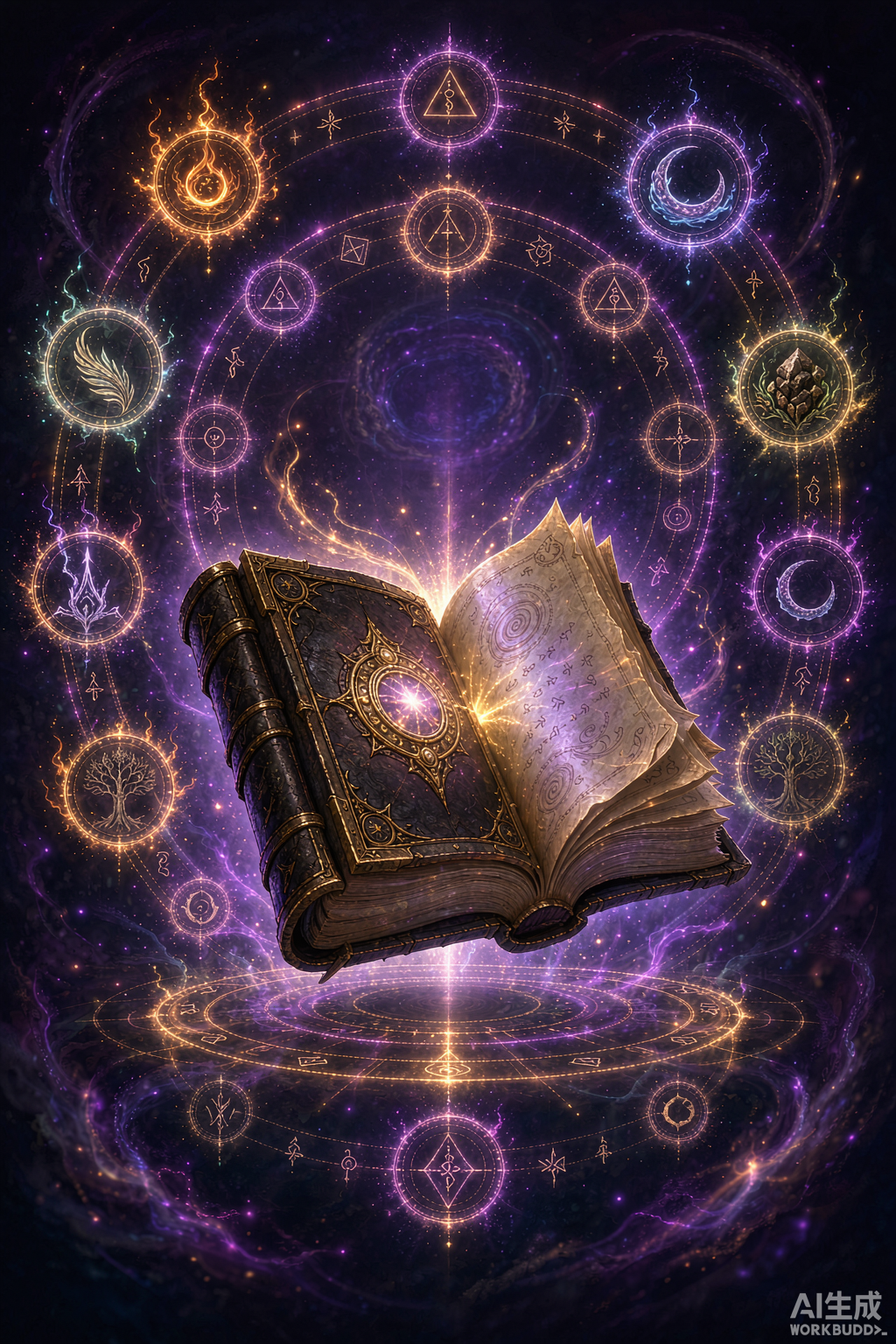 A magical floating arcane tome with spell icons — addons visualized as magical interface
