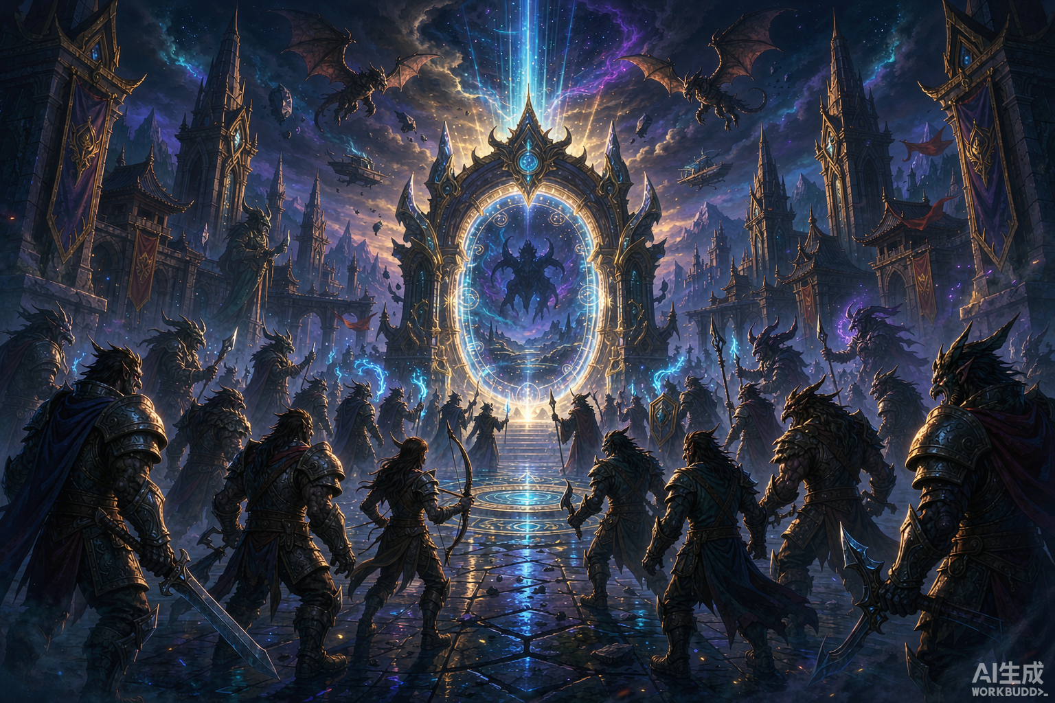 Crowds of adventurers gathering at a magical gateway — Day 1 of WoW Forever beta