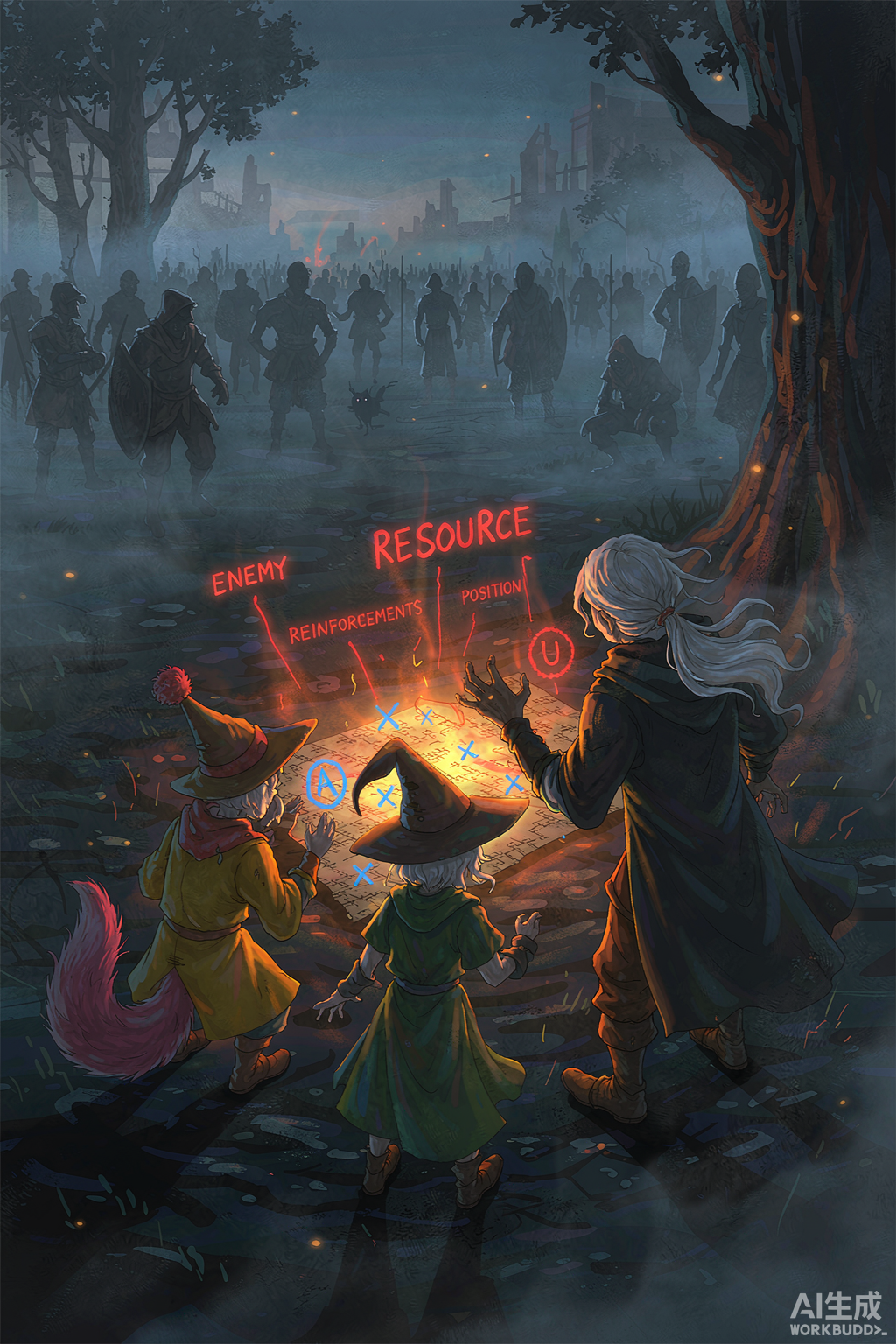 Adventurers gathered around a glowing magical map with update annotations
