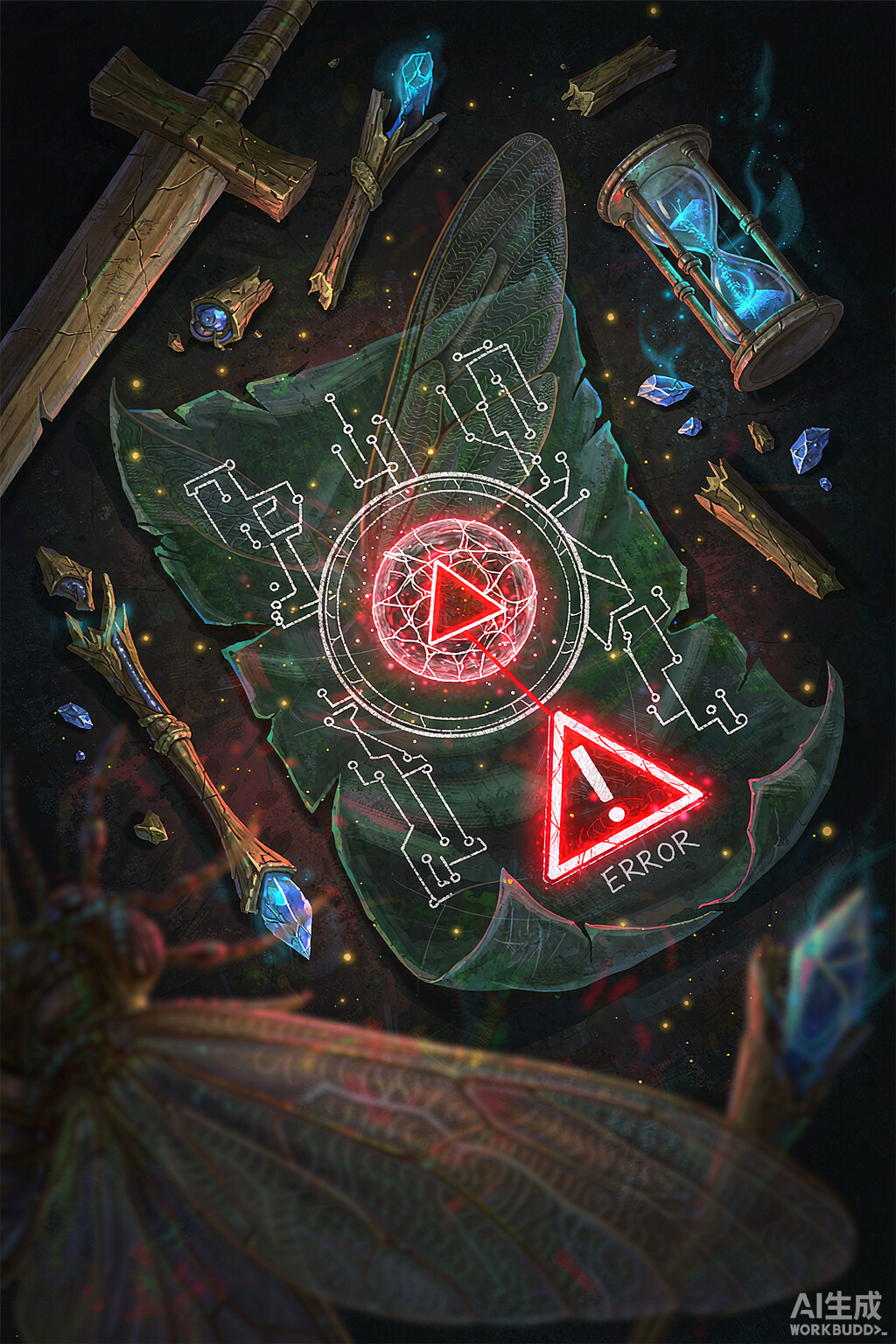 A fantasy warning scroll with red sigils and broken magical artifacts