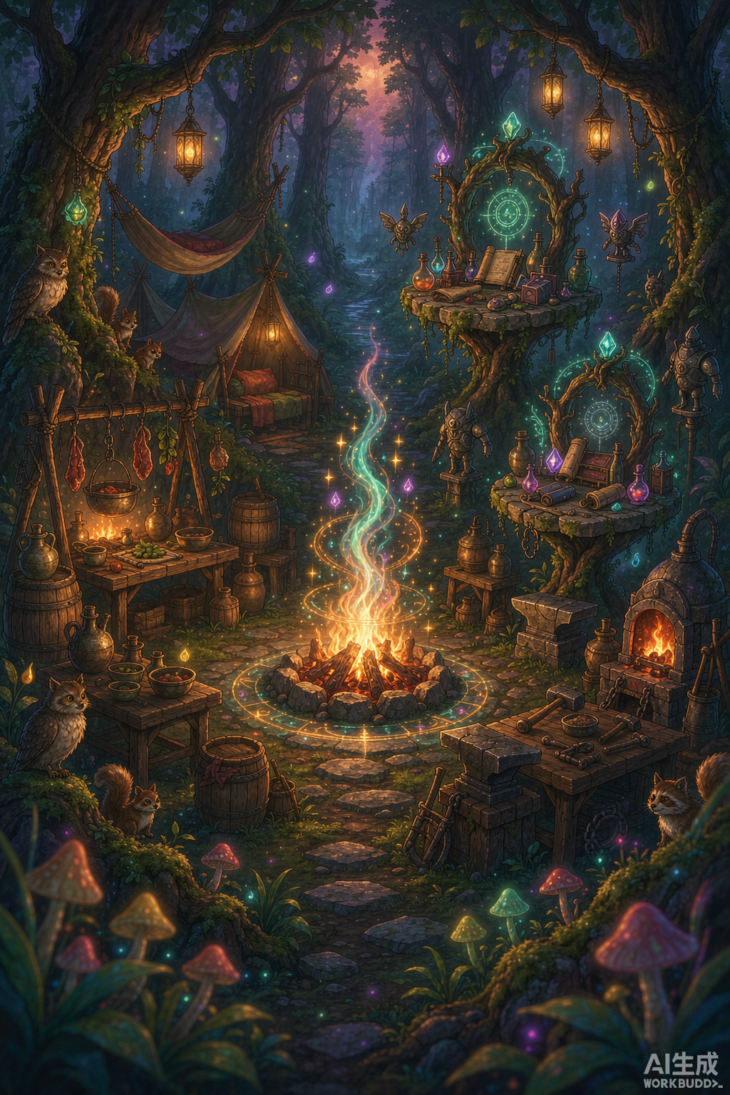 A cozy fantasy campsite with a glowing magical campfire and crafting stations