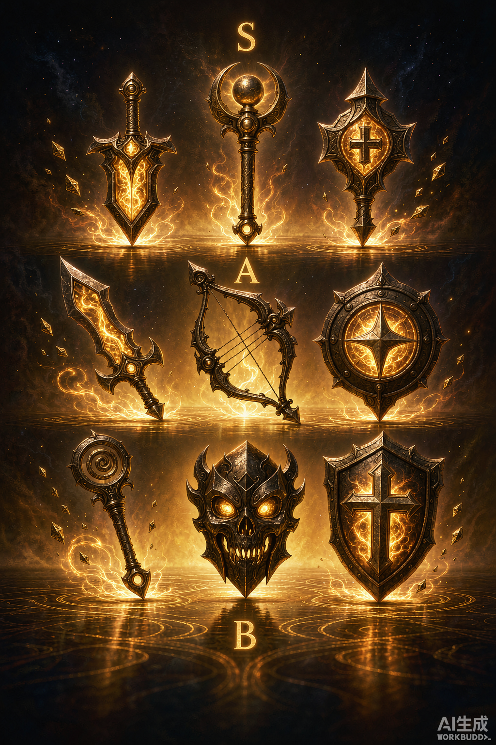 Class tier list visualization — nine glowing class symbols arranged in pyramid formation