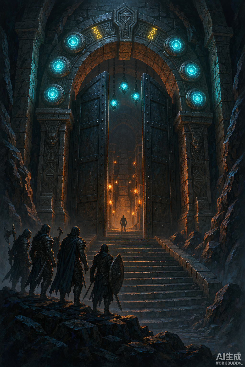 An epic fantasy raid entrance with massive stone gateway and glowing runes