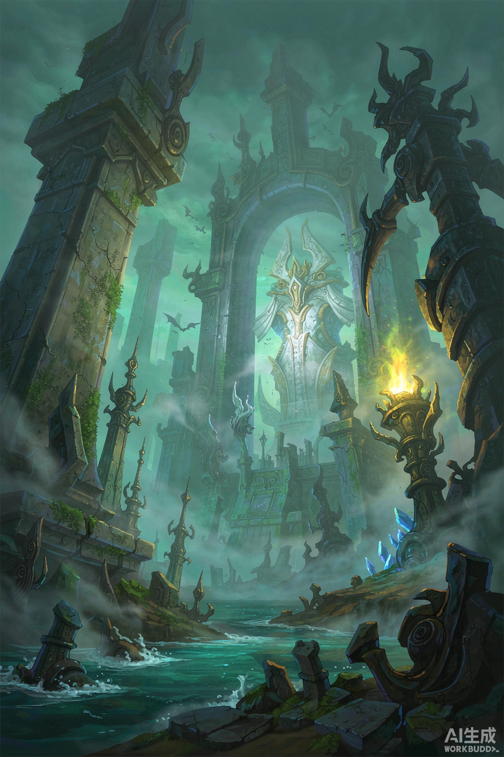 A misty wetland excavation site with ancient stone ruins and mysterious artifacts