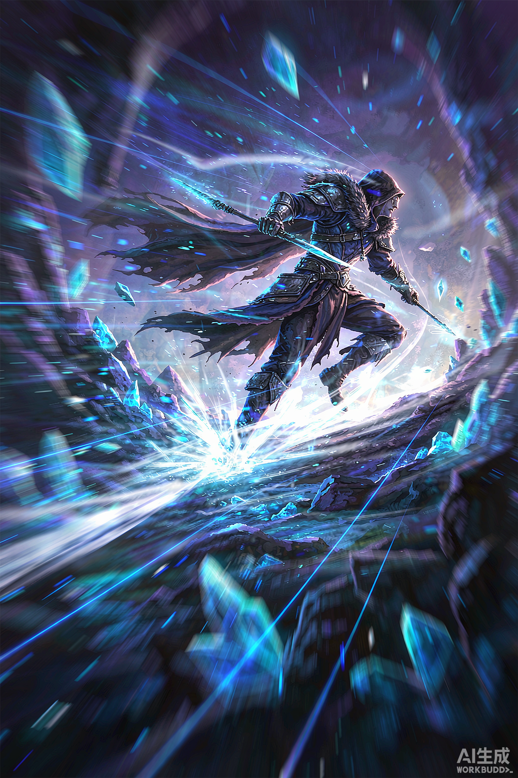 A fantasy adventurer running fast through a glowing magical landscape