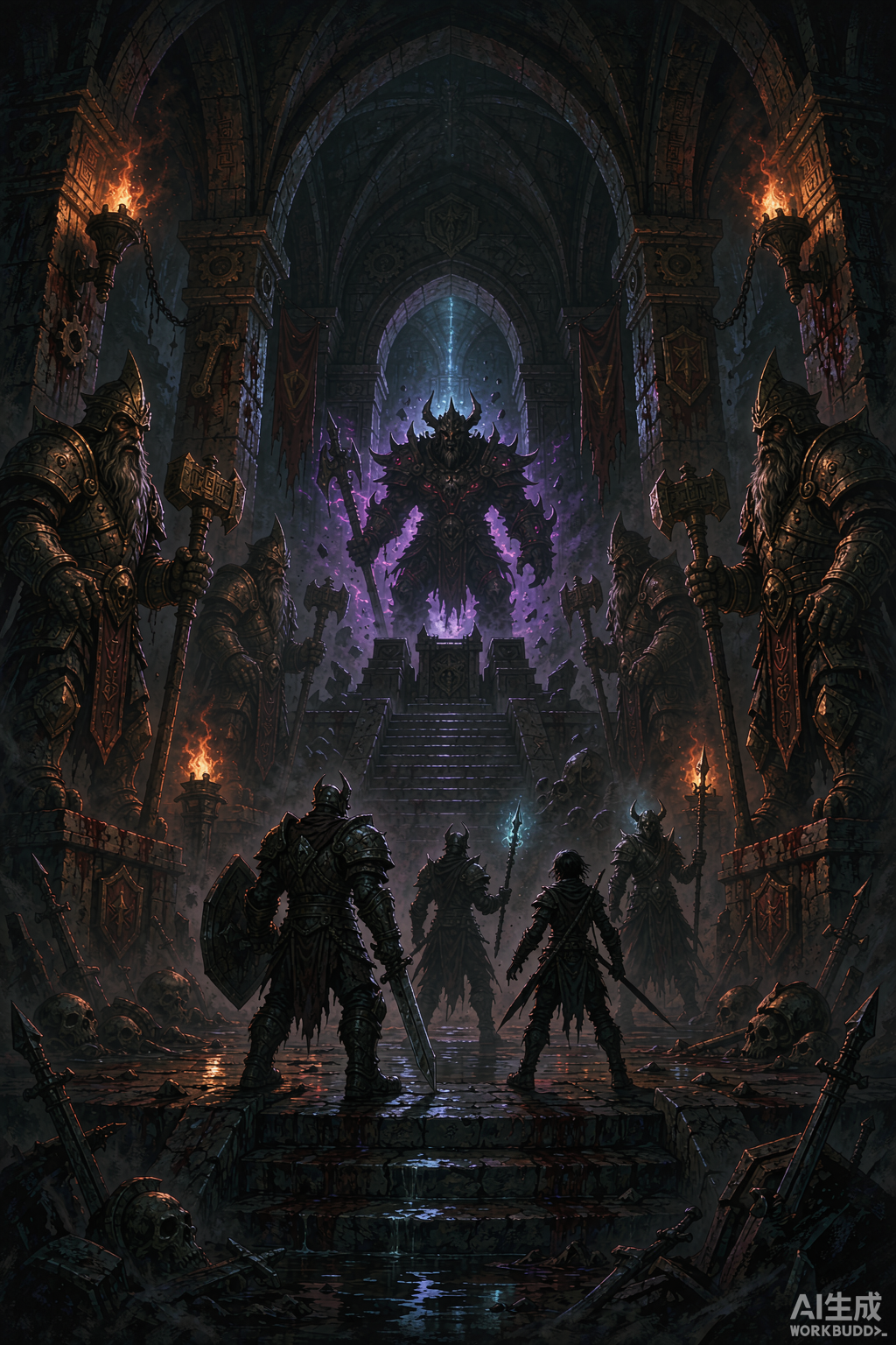 A dark fantasy dungeon hall with ancient dwarven statues and runic torches