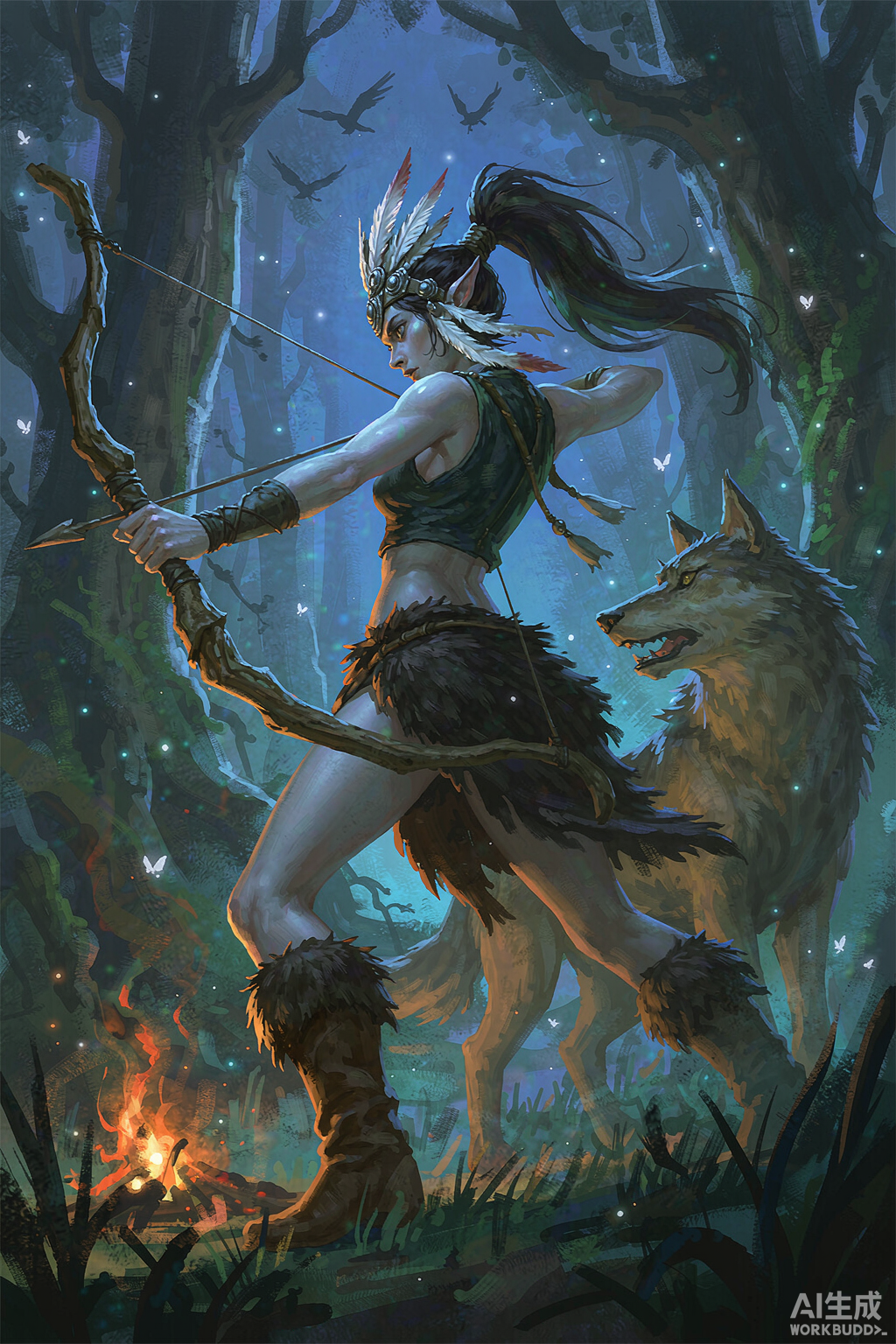 A fantasy hunter with bow drawn and a wolf companion in an enchanted forest