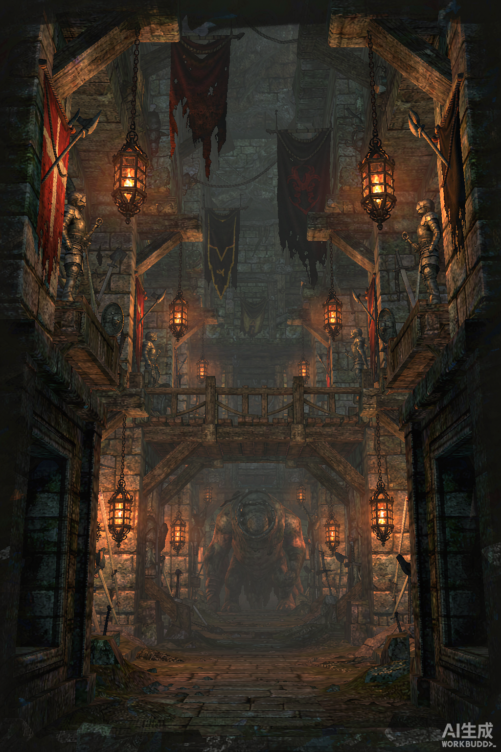 A dark fantasy dungeon fortress interior with a hulking boss figure