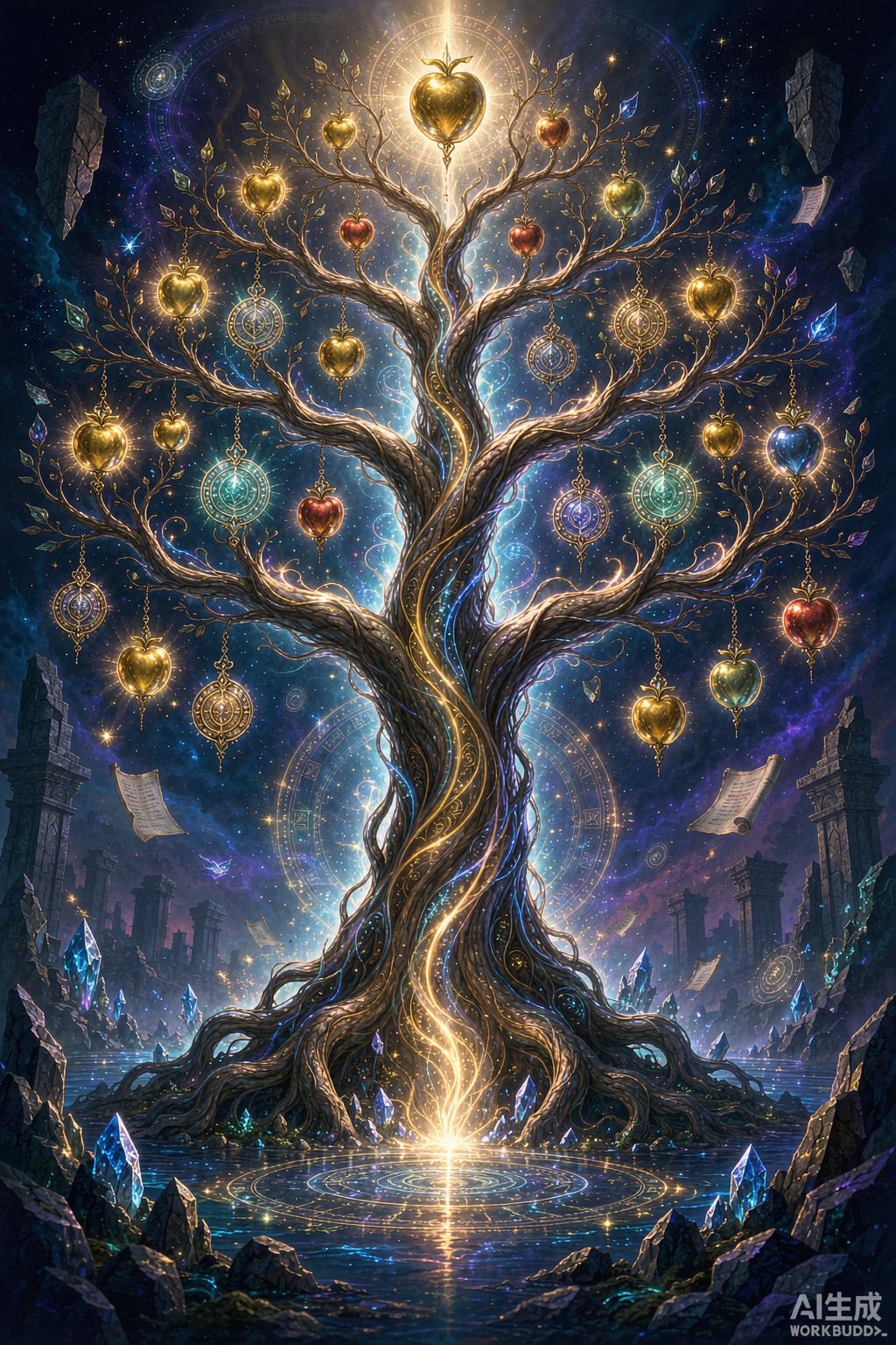 A glowing magical tree of progression with golden legacy points and rewards