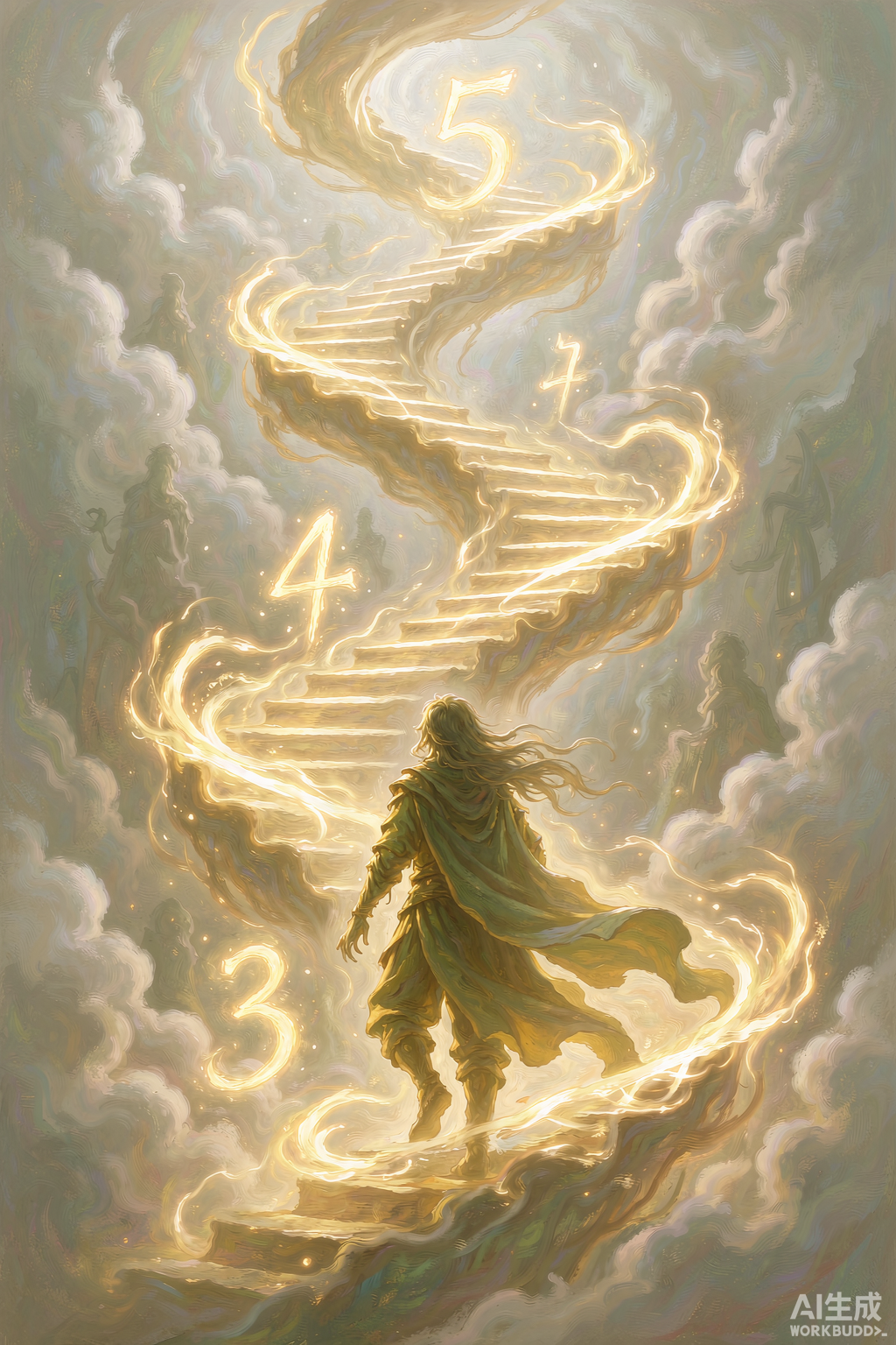 A fantasy character ascending a glowing spiral staircase of light