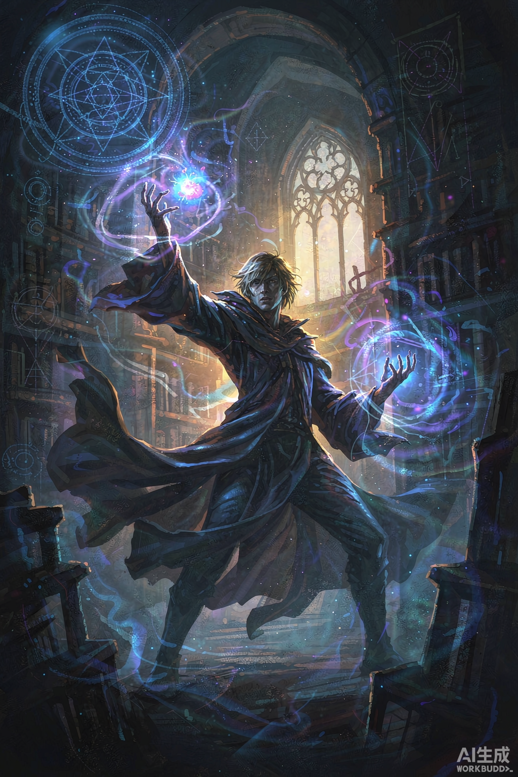 A powerful mage casting an arcane spell with magical energy swirling