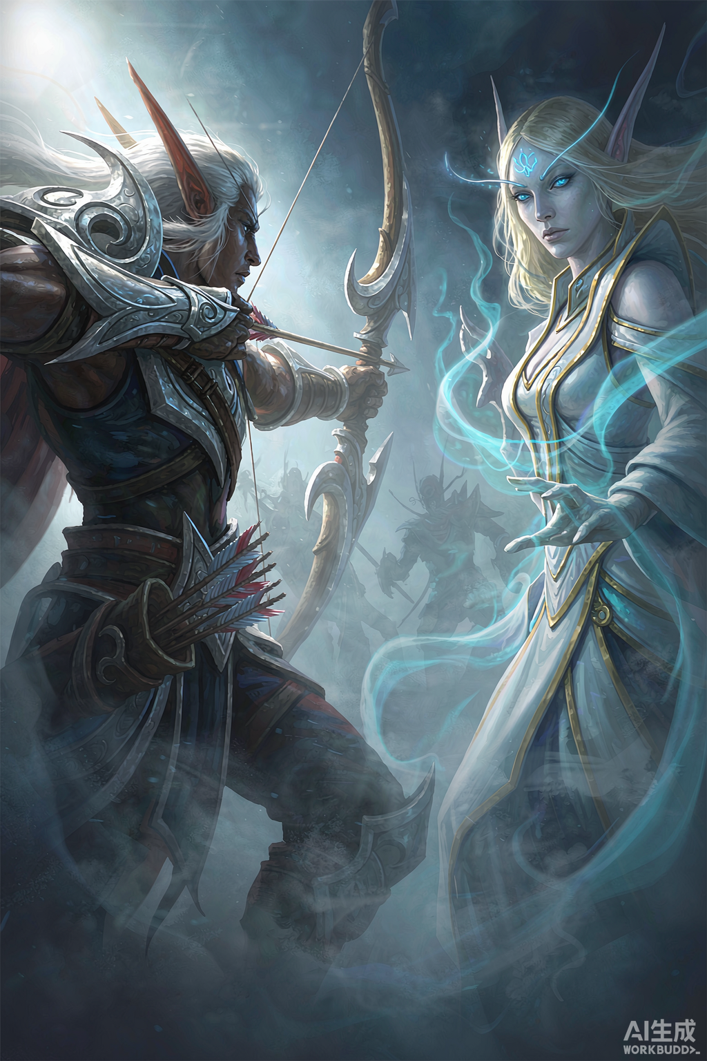 A night elf archer facing a Skyborne mage in ethereal mist