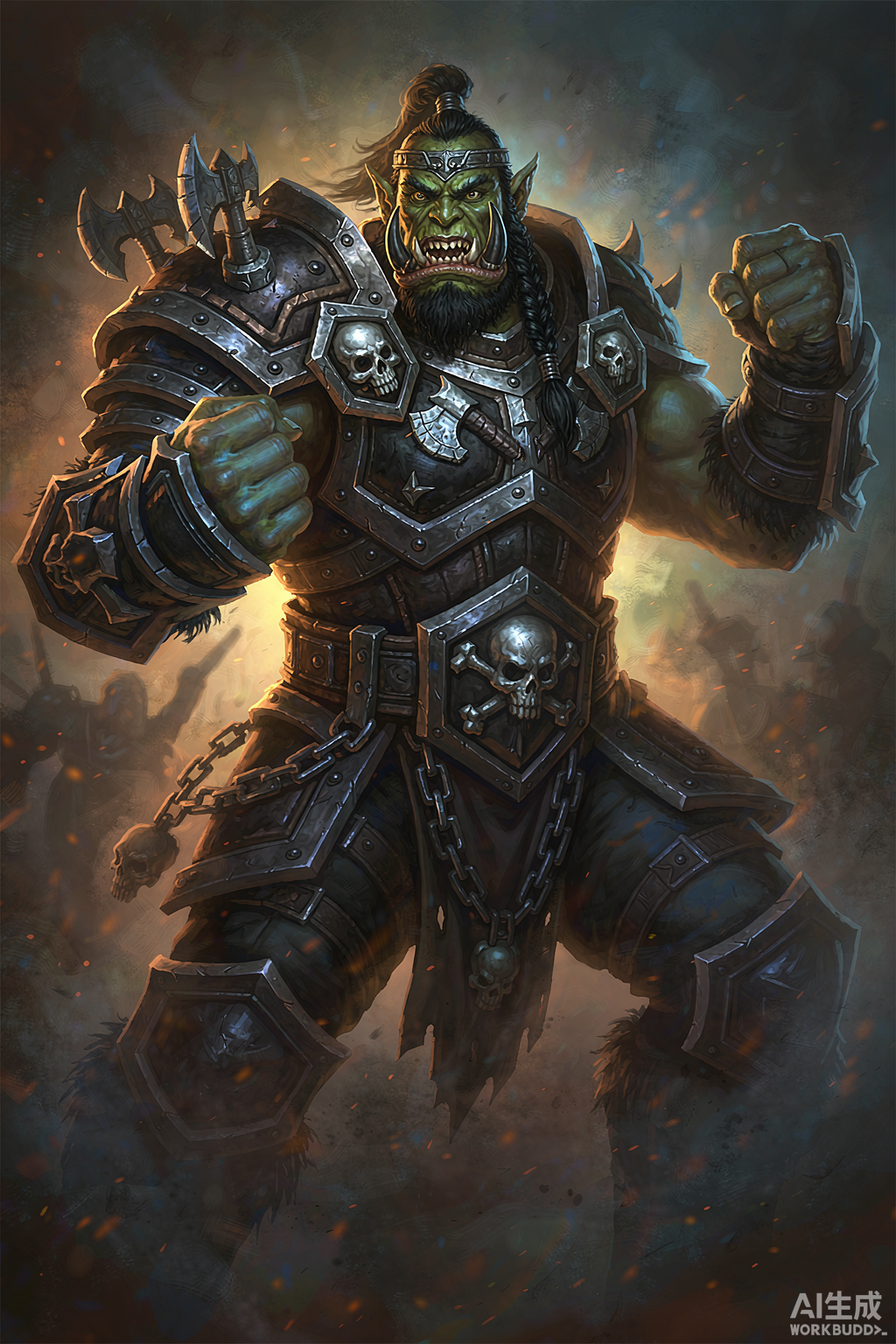 A muscular orc warrior with tribal plate armor and axe motifs