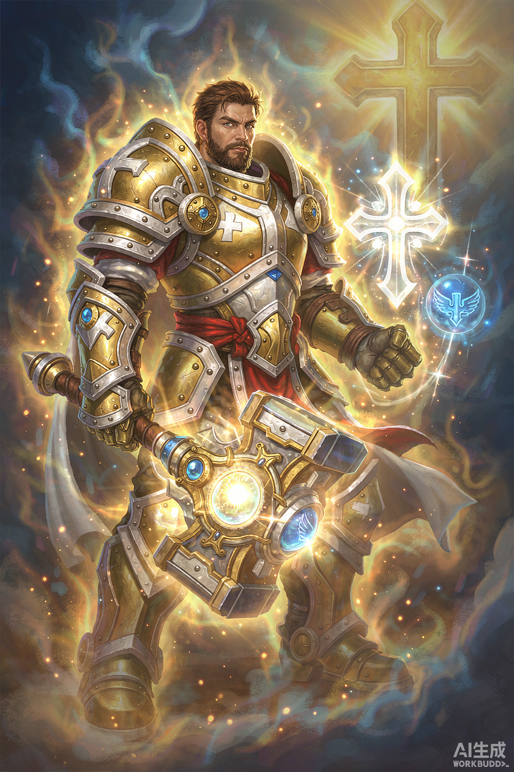 A holy paladin in shining plate armor with golden light aura