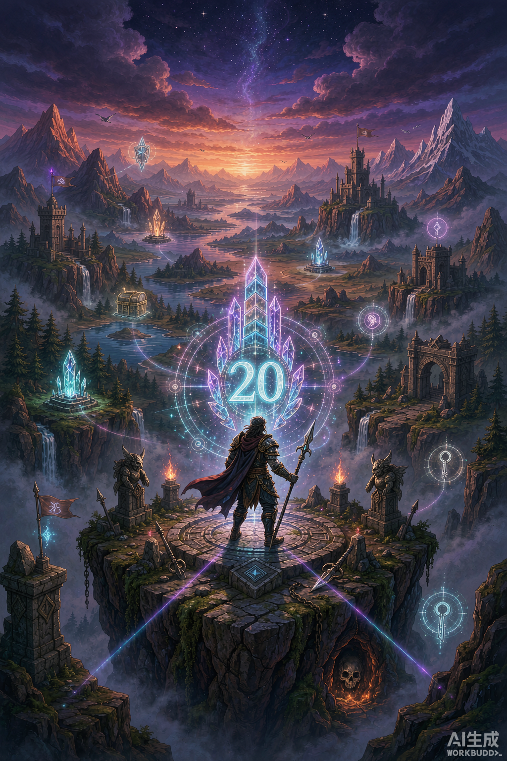 A fantasy adventurer at level 20 milestone with floating quest markers