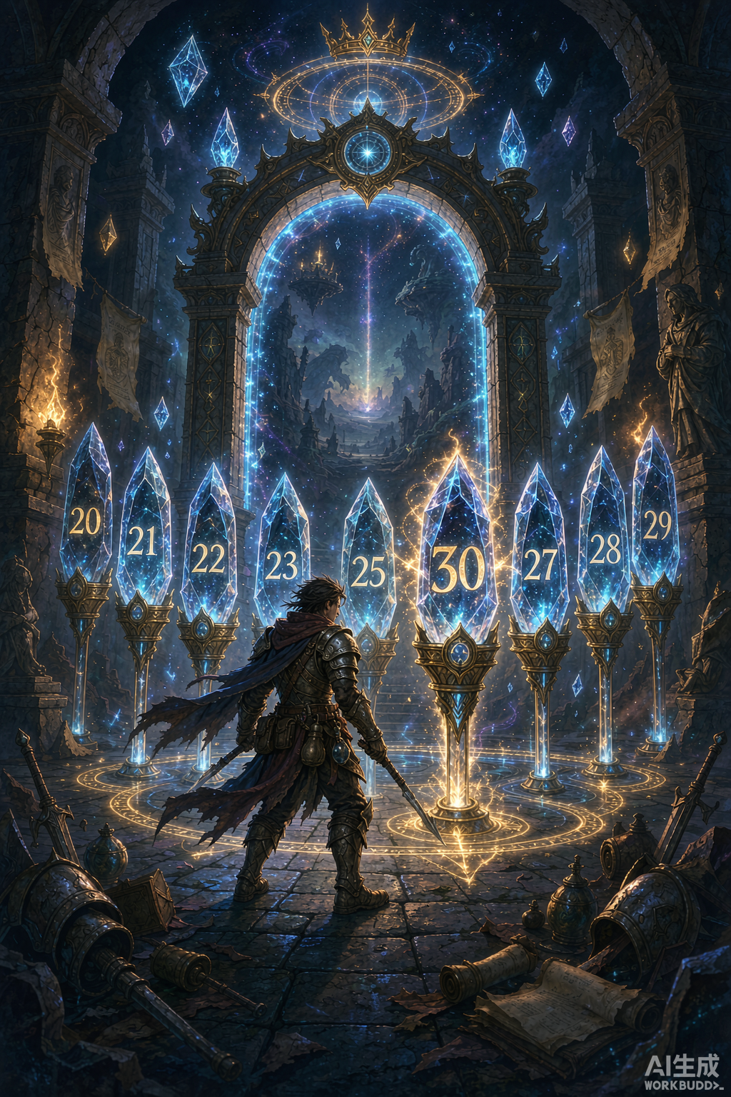 A fantasy adventurer at level 30 milestone at a glowing portal