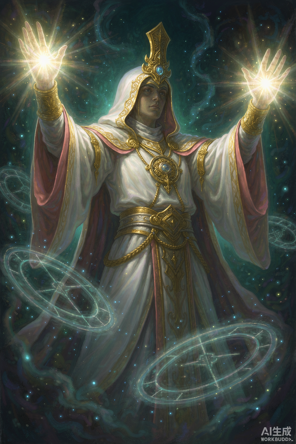 A holy priest casting a healing spell with golden light emanating from hands