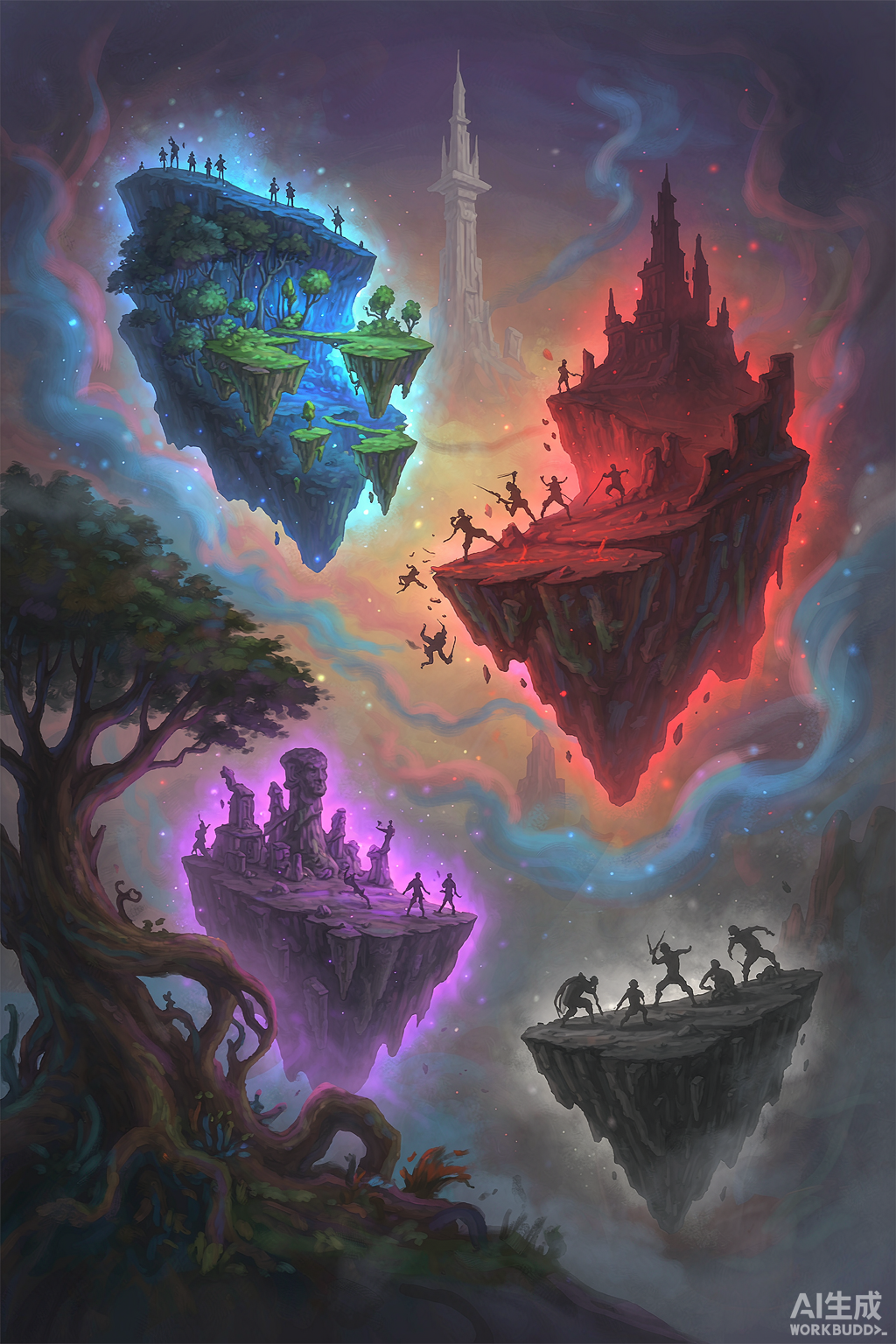 A fantasy world divided into four floating realm shards — Normal, PvP, RP, Hardcore