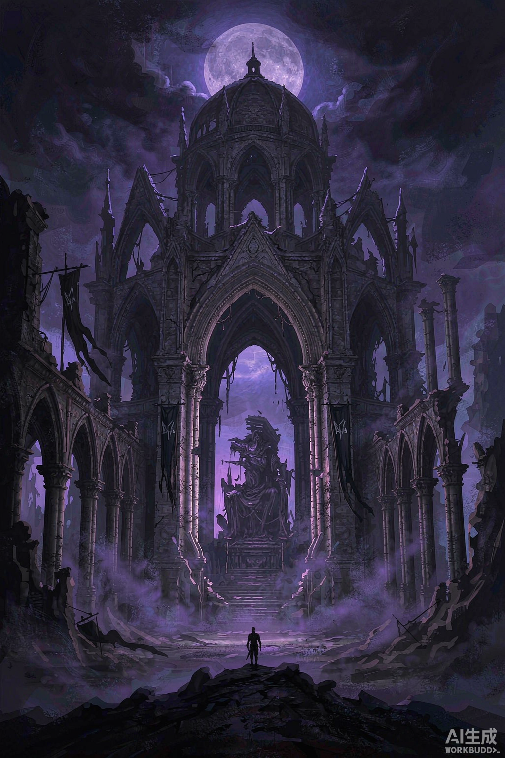 A dark gothic ruined palace with shattered arches and ghostly purple mist