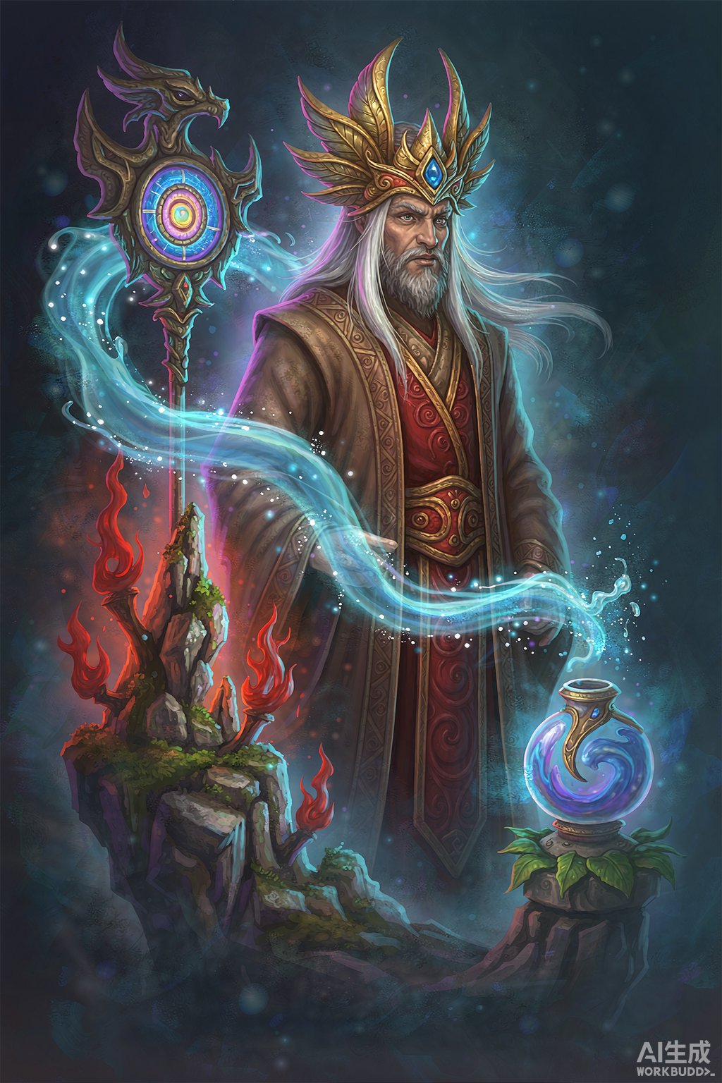 A shaman in elemental robes with glowing totems around them