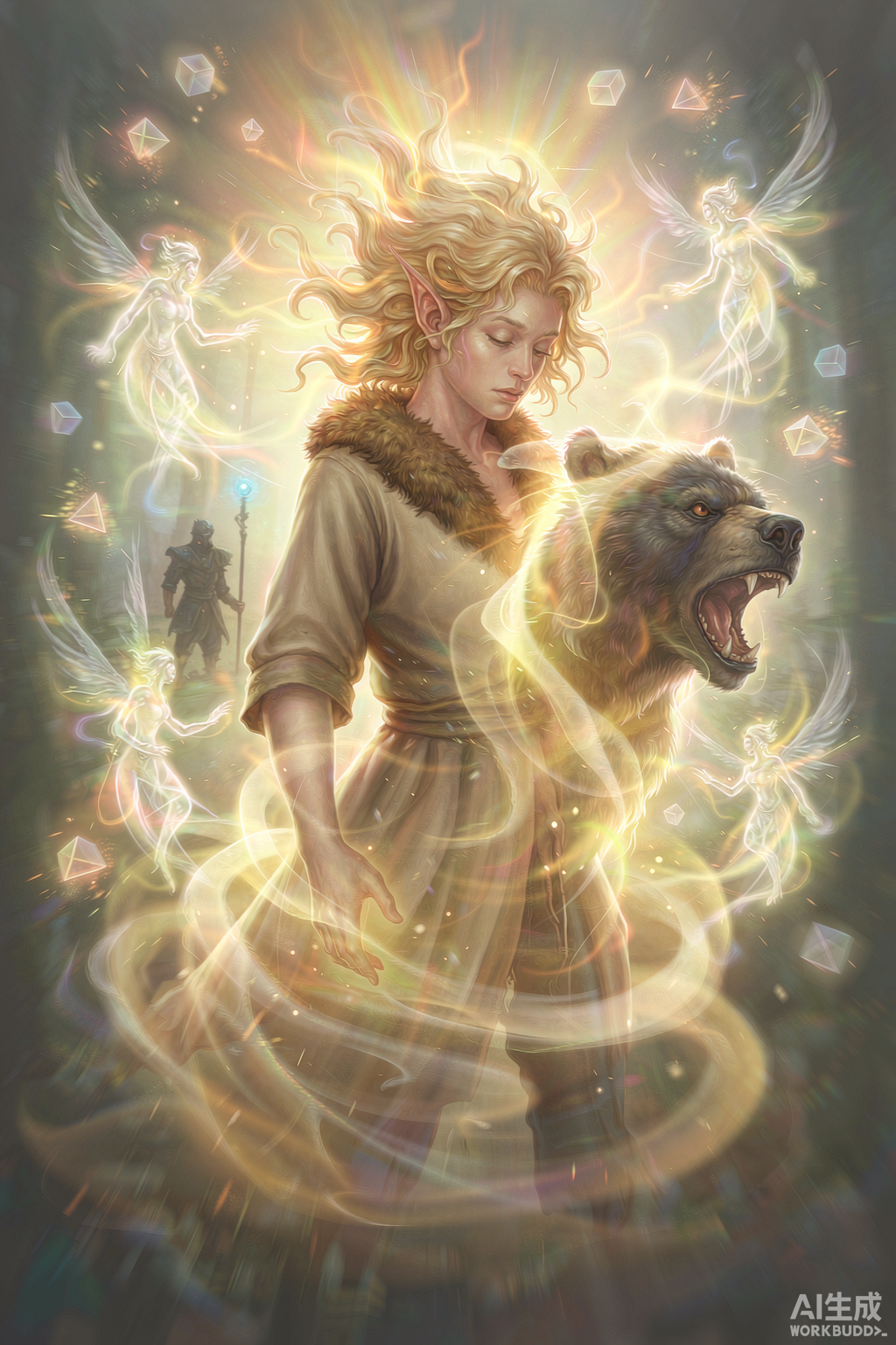 A mystical druid transformation scene with elven figure shifting into bear form