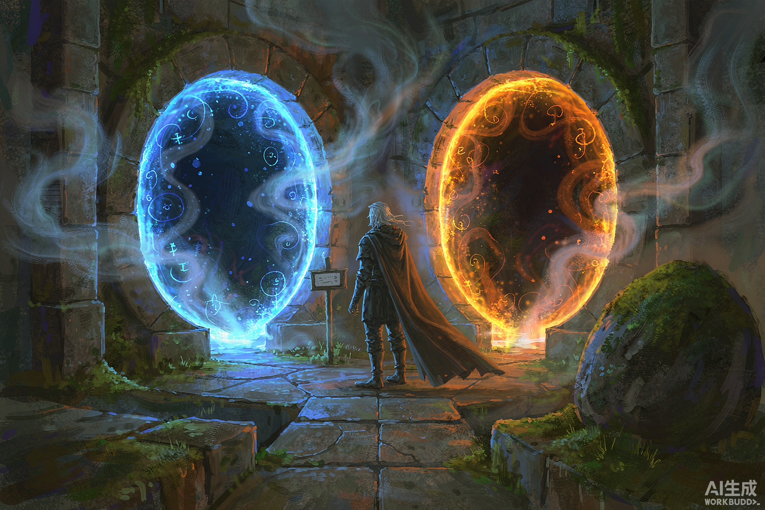 Skyborne standing at the crossroads of faction choice — a fantasy scene of an elven character facing two glowing portals