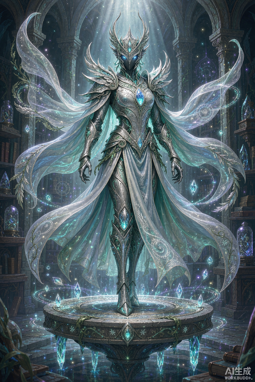 A mystical elven armor set on an ethereal pedestal with wind-themed runes