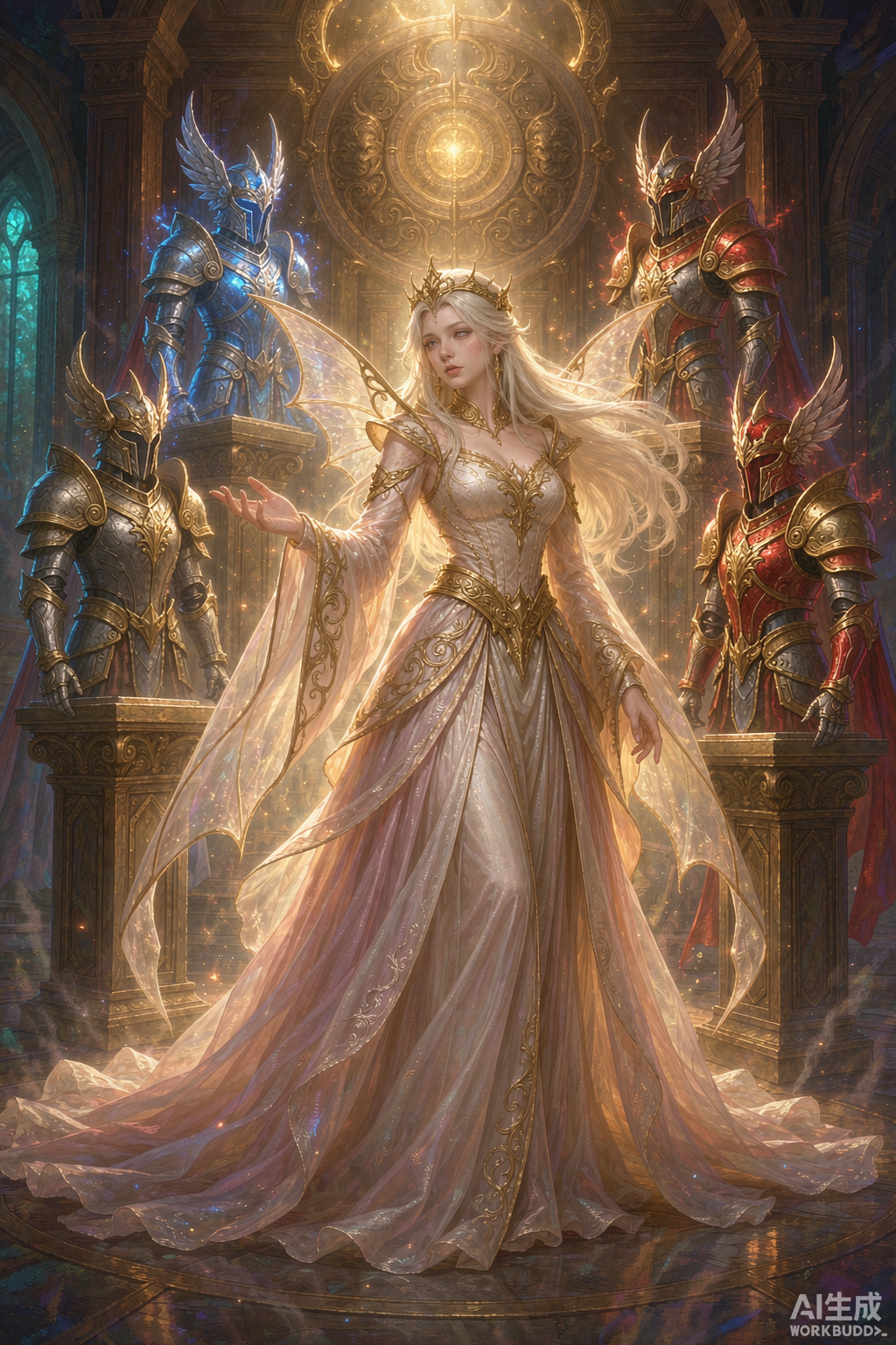 A fantasy character in a magical wardrobe chamber with multiple armor sets