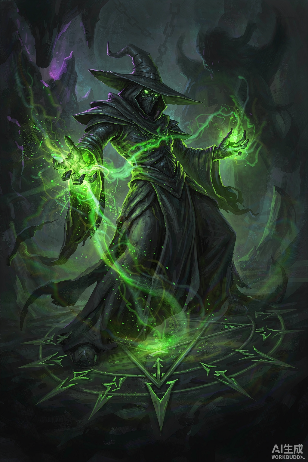 A warlock casting dark magic with fel energy and a demon silhouette