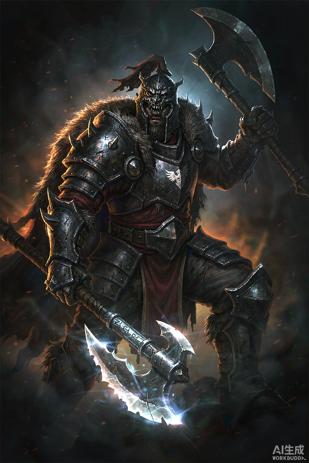 A fierce warrior in heavy plate armor wielding two glowing battle axes
