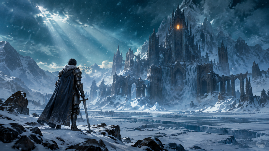 A solitary armored figure holding a longsword standing on a frozen tundra, gazing at a distant gothic citadel with one warm amber window glowing through the snow.