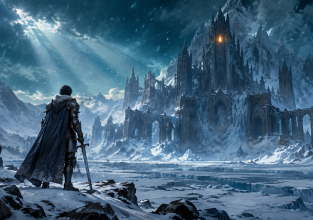 A solitary armored figure holding a longsword standing on a frozen tundra, gazing at a distant gothic citadel with one warm amber window glowing through the snow.